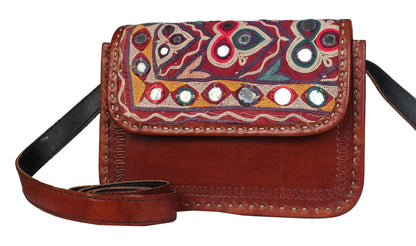 Ahir Work Pure Leather Leathercraft Hand Made Hand Embroidery Sling Purse  - 14 cms Length    -  SKU : AB26702A