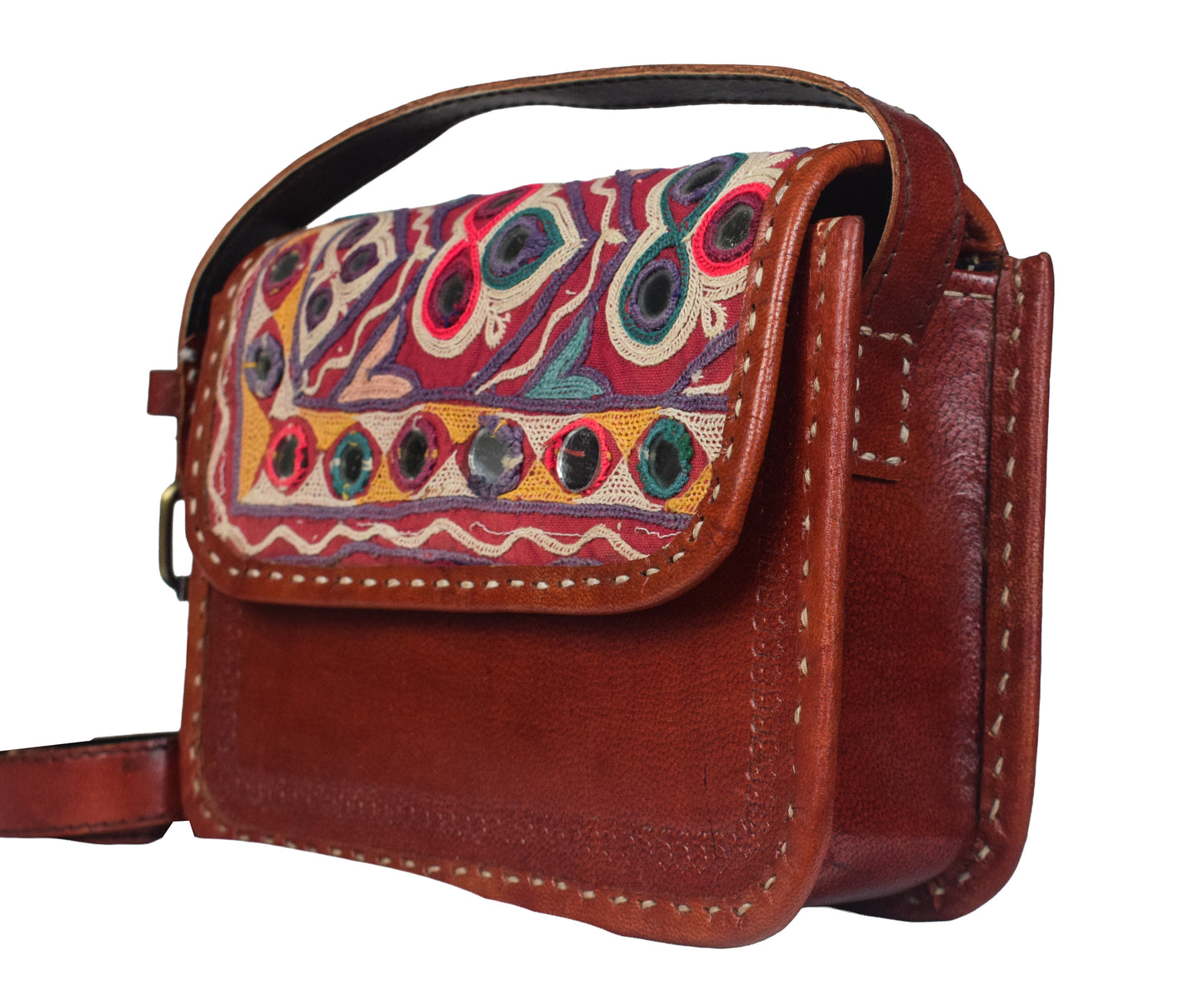 Ahir Work Pure Leather Leathercraft Hand Made Hand Embroidery Sling Purse  - 14 cms Length    -  SKU : AB26702A