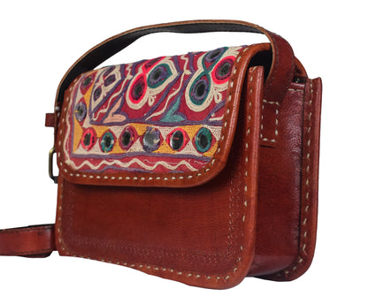Ahir Work Pure Leather Leathercraft Hand Made Hand Embroidery Sling Purse  - 14 cms Length    -  SKU : AB26702A