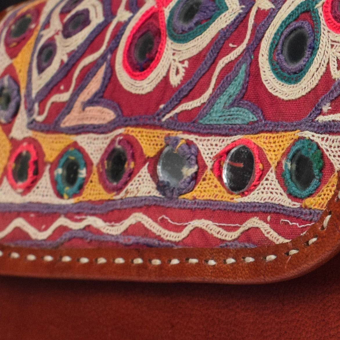 Ahir Work Pure Leather Leathercraft Hand Made Hand Embroidery Sling Purse  - 14 cms Length    -  SKU : AB26702A