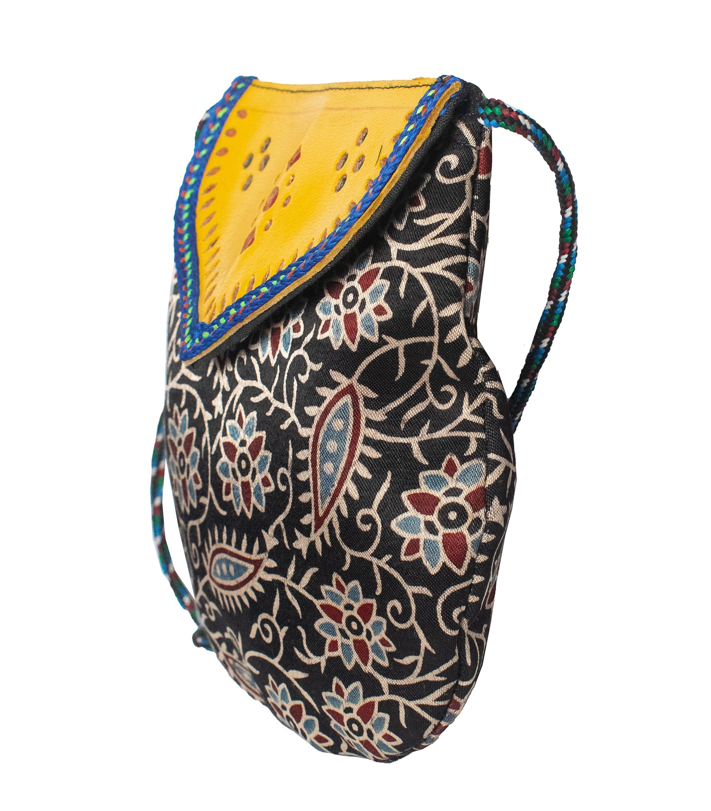 Ajrakh Mashru Silk Leathercraft Hand Made Leather Craft Punch Work Sling Purse  - 19 cms Length    -  SKU : AB15802C