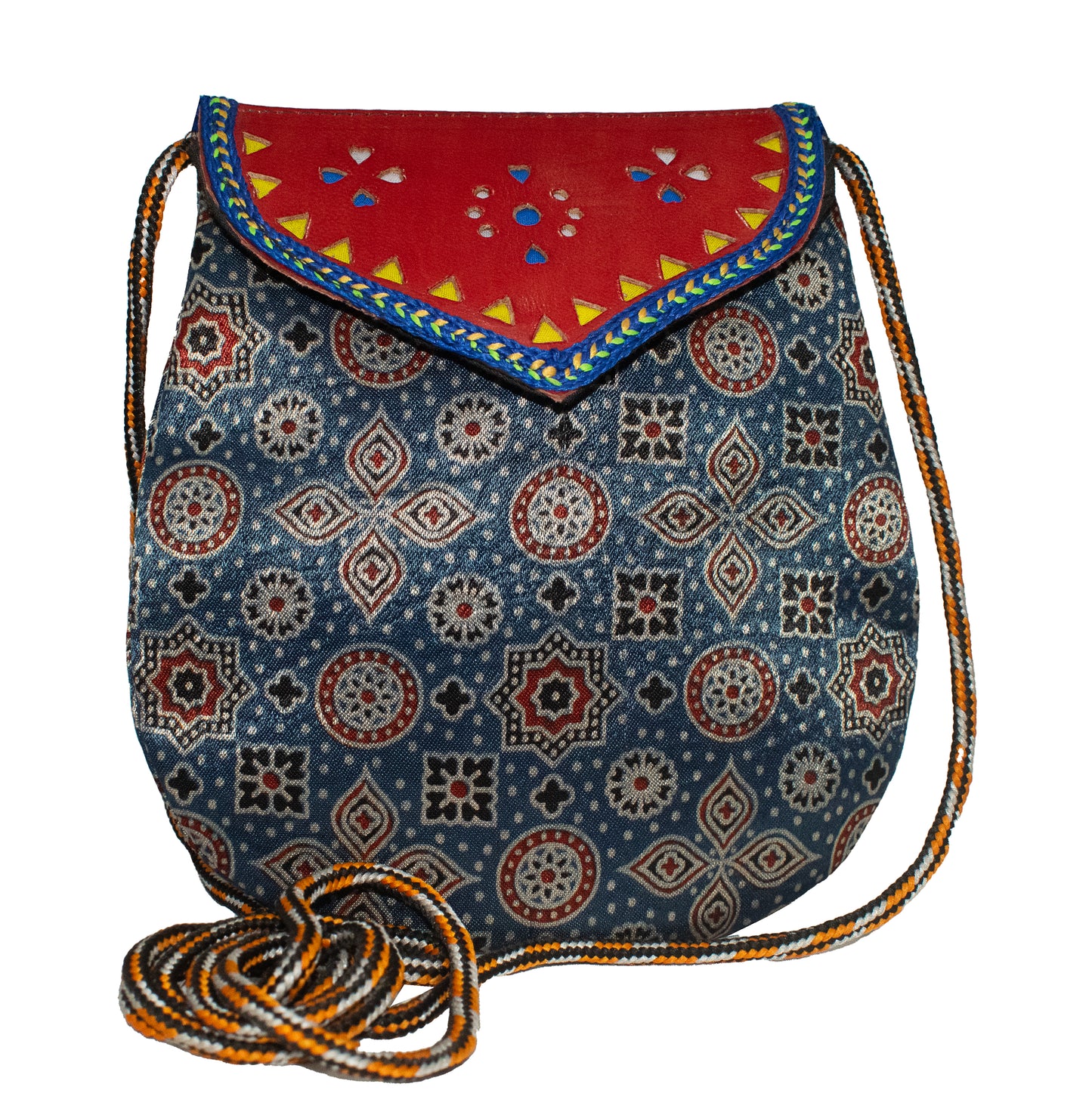 Ajrakh Mashru Silk Leathercraft Hand Made Leather Craft Punch Work Sling Purse  - 19 cms Length    -  SKU : AB15802D