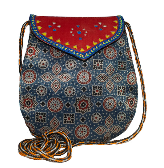 Ajrakh Mashru Silk Leathercraft Hand Made Leather Craft Punch Work Sling Purse  - 19 cms Length    -  SKU : AB15802D