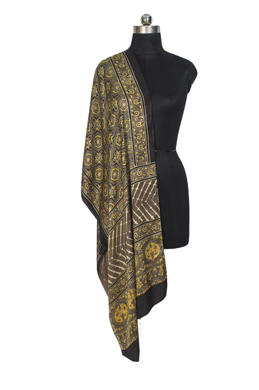 Ajrakh Modal Silk Natural Dye Hand Block Print Stole  - 2.1 Mtr Length    -  SKU : ID10102B