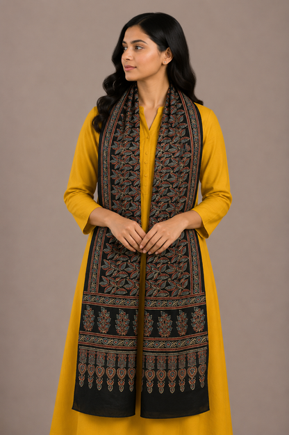 Ajrakh Mashru Silk Natural Dye Hand Block Print Stole  - 2 Mtr Length    -  SKU : ID22702L