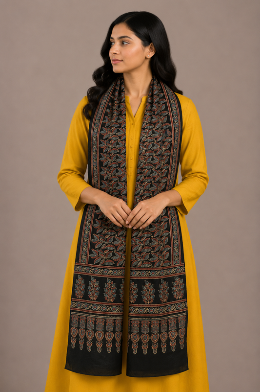 Ajrakh Mashru Silk Natural Dye Hand Block Print Stole  - 2 Mtr Length    -  SKU : ID22702L