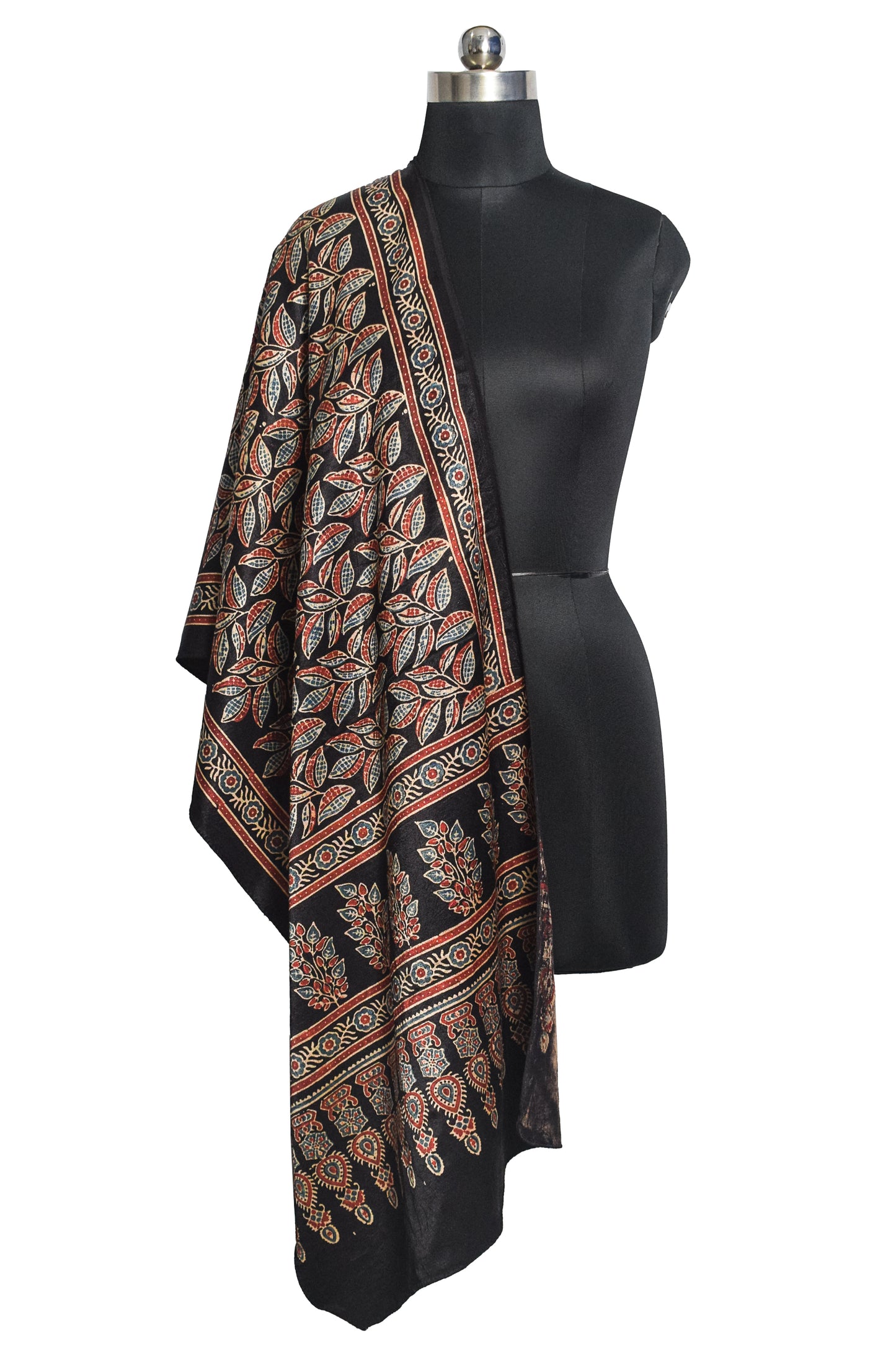 Ajrakh Mashru Silk Natural Dye Hand Block Print Stole  - 2 Mtr Length    -  SKU : ID22702L