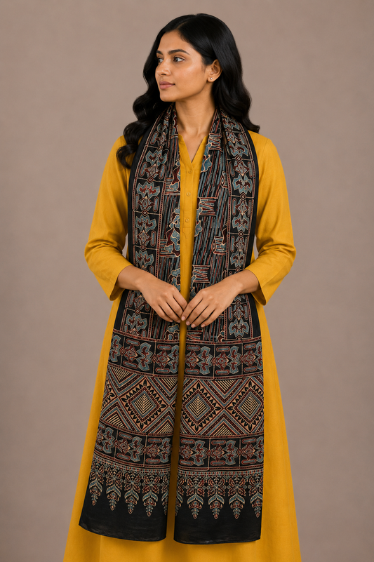 Ajrakh Mashru Silk Natural Dye Hand Block Print Stole  - 2 Mtr Length    -  SKU : JH02C02C