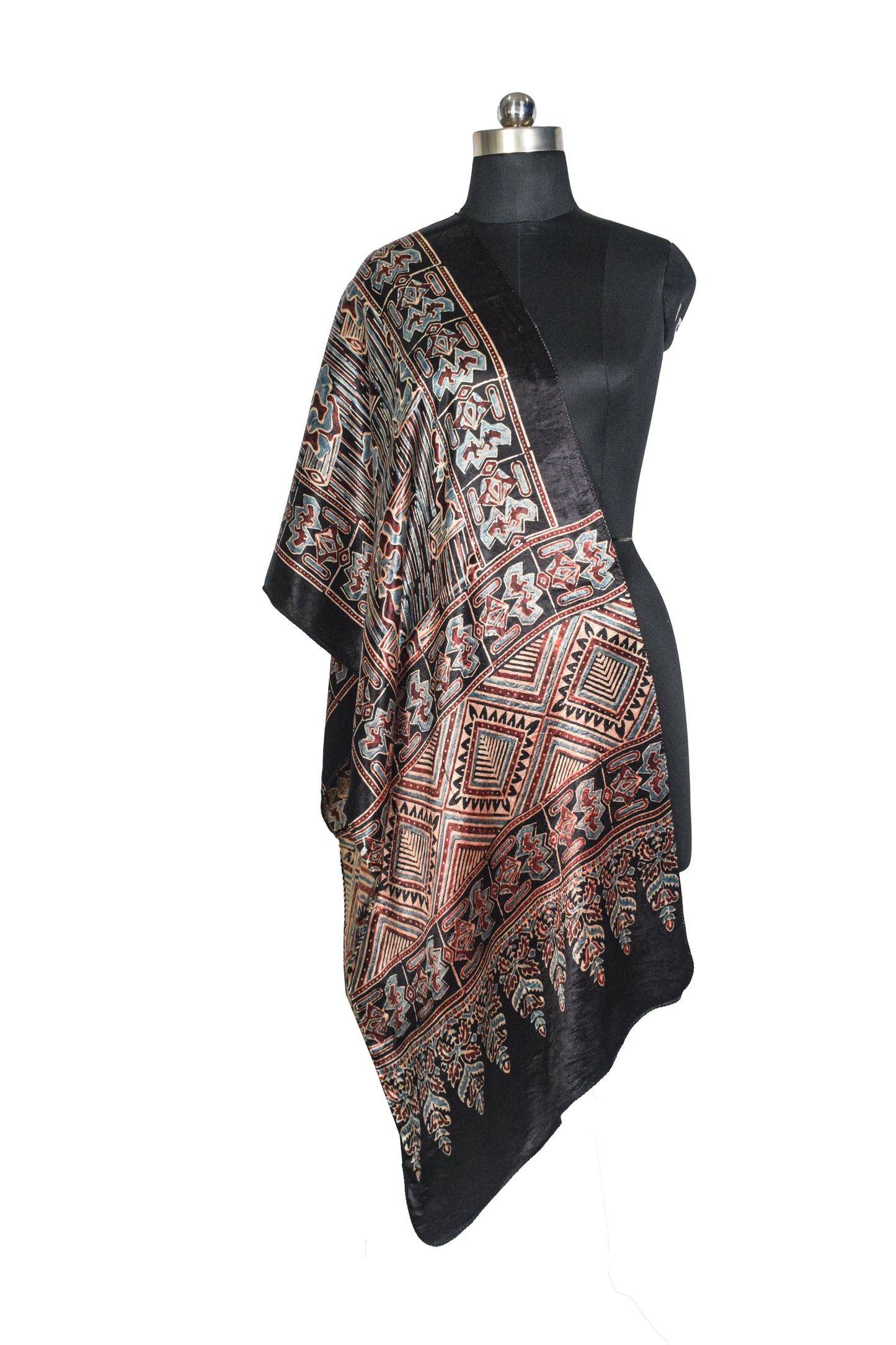 Ajrakh Mashru Silk Natural Dye Hand Block Print Stole  - 2 Mtr Length    -  SKU : JH02C02C