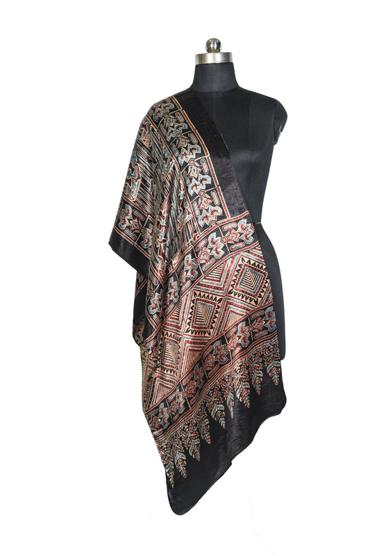 Ajrakh Mashru Silk Natural Dye Hand Block Print Stole  - 2 Mtr Length    -  SKU : JH02C02C