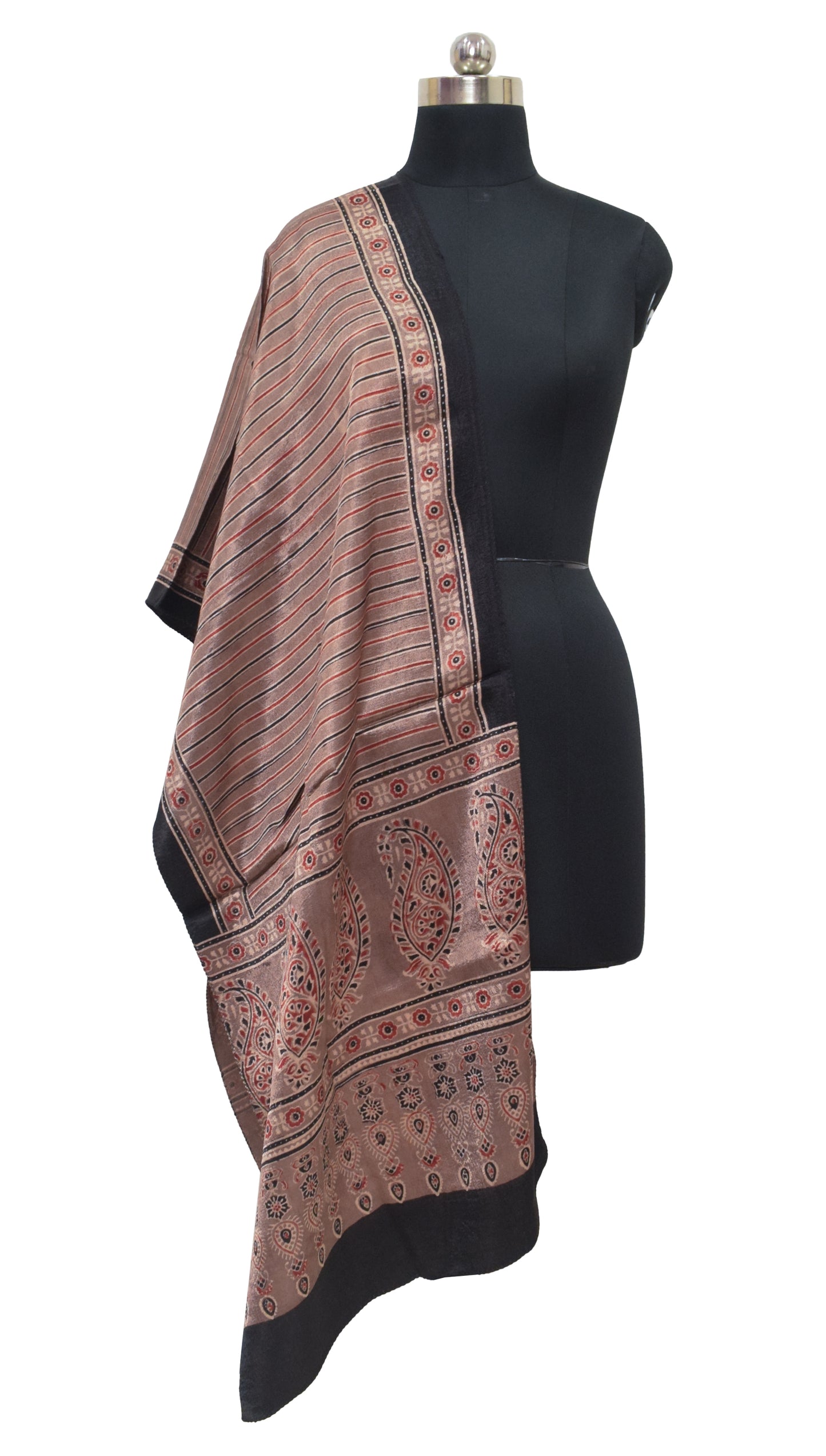 Ajrakh Mashru Silk Natural Dye Hand Block Print Stole  - 2.1 Mtr Length    -  SKU : ID04401D