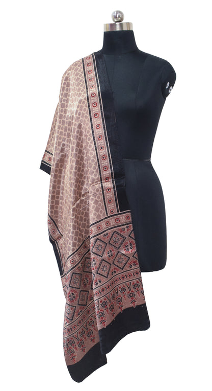 Ajrakh Mashru Silk Natural Dye Hand Block Print Stole  - 2.1 Mtr Length    -  SKU : ID04401E