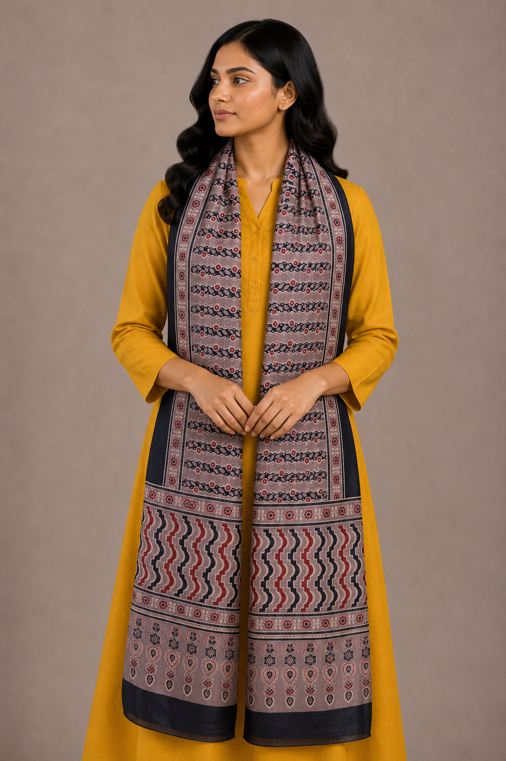 Ajrakh Mashru Silk Natural Dye Hand Block Print Stole  - 2 Mtr Length    -  SKU : ID04401J