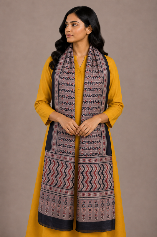 Ajrakh Mashru Silk Natural Dye Hand Block Print Stole  - 2 Mtr Length    -  SKU : ID04401J