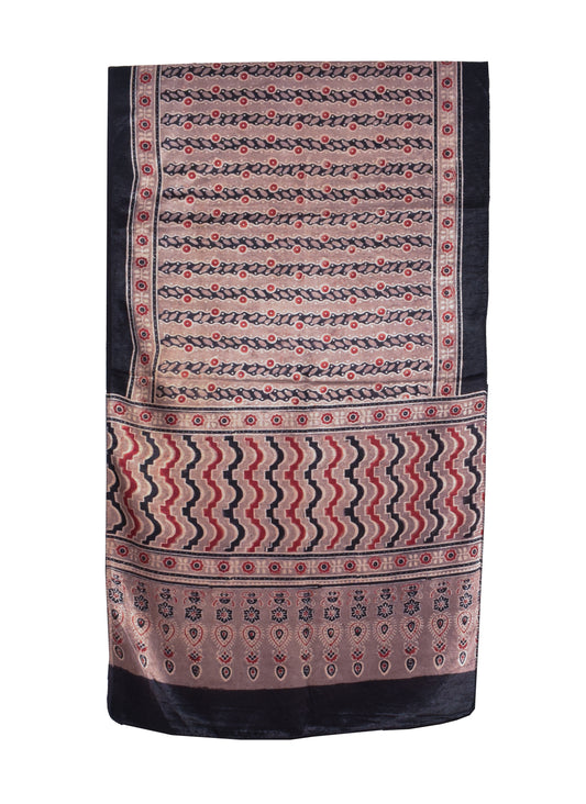 Ajrakh Mashru Silk Natural Dye Hand Block Print Stole  - 2 Mtr Length    -  SKU : ID04401J
