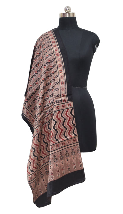 Ajrakh Mashru Silk Natural Dye Hand Block Print Stole  - 2 Mtr Length    -  SKU : ID04401J