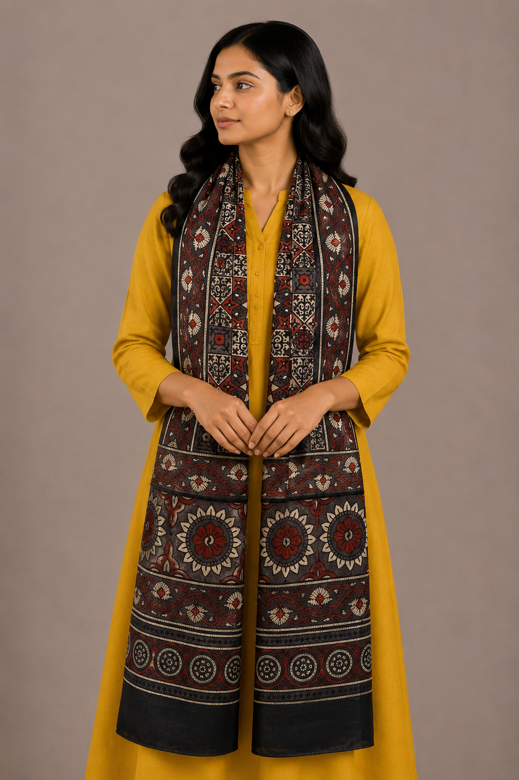 Ajrakh Mashru Silk Natural Dye Hand Block Print Stole  - 2 Mtr Length    -  SKU : JH02C02A