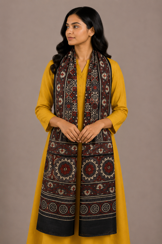 Ajrakh Mashru Silk Natural Dye Hand Block Print Stole  - 2 Mtr Length    -  SKU : JH02C02A