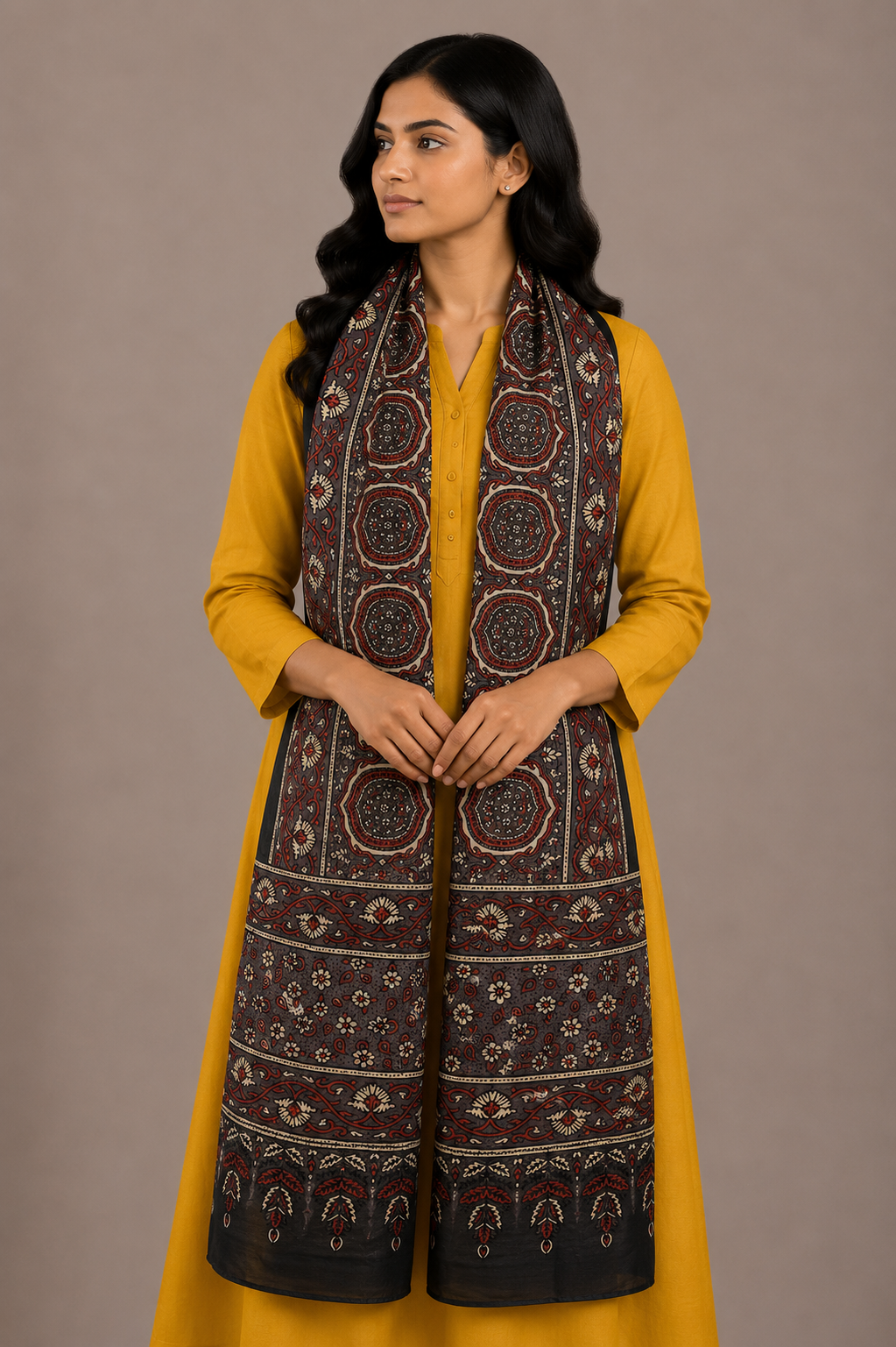 Ajrakh Mashru Silk Natural Dye Hand Block Print Stole  - 2 Mtr Length    -  SKU : JH02C02B