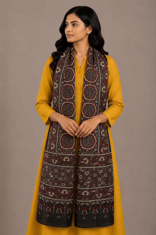 Ajrakh Mashru Silk Natural Dye Hand Block Print Stole  - 2 Mtr Length    -  SKU : JH02C02B