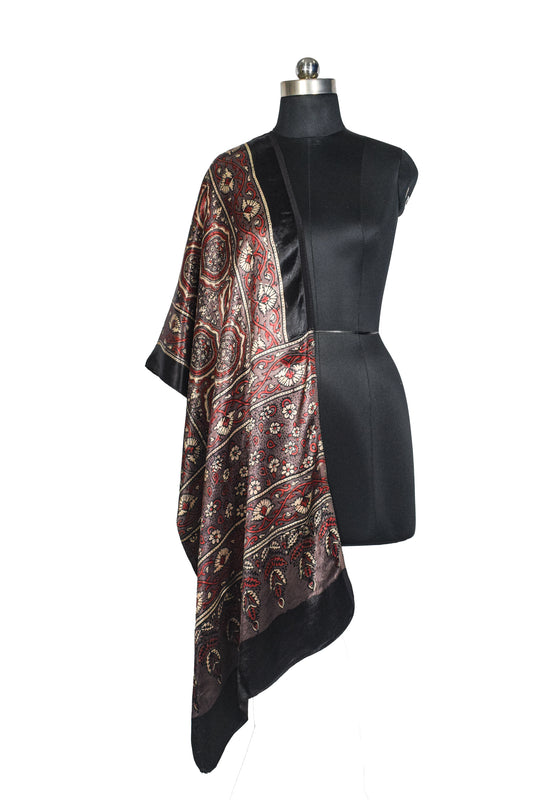 Ajrakh Mashru Silk Natural Dye Hand Block Print Stole  - 2 Mtr Length    -  SKU : JH02C02B