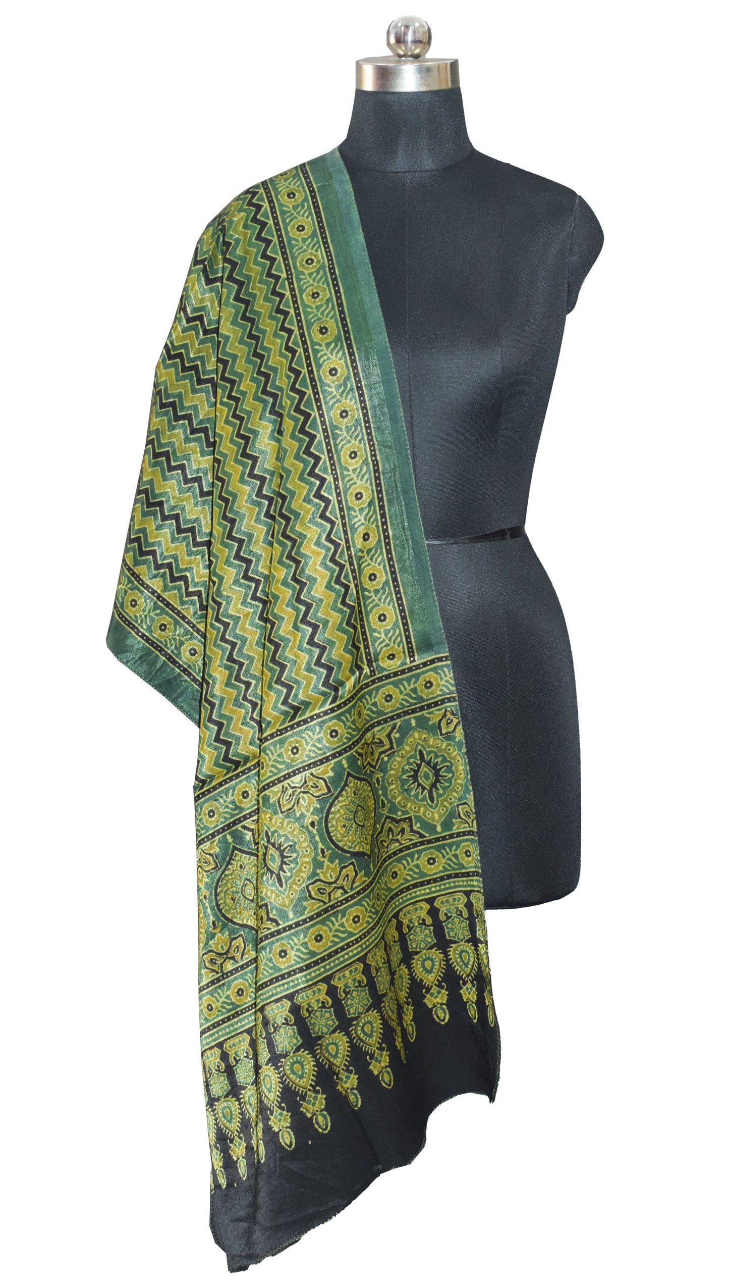 Ajrakh Mashru Silk Natural Dye Hand Block Print Stole   - 2.1 Mtr Length    -  SKU : ID1910AQ
