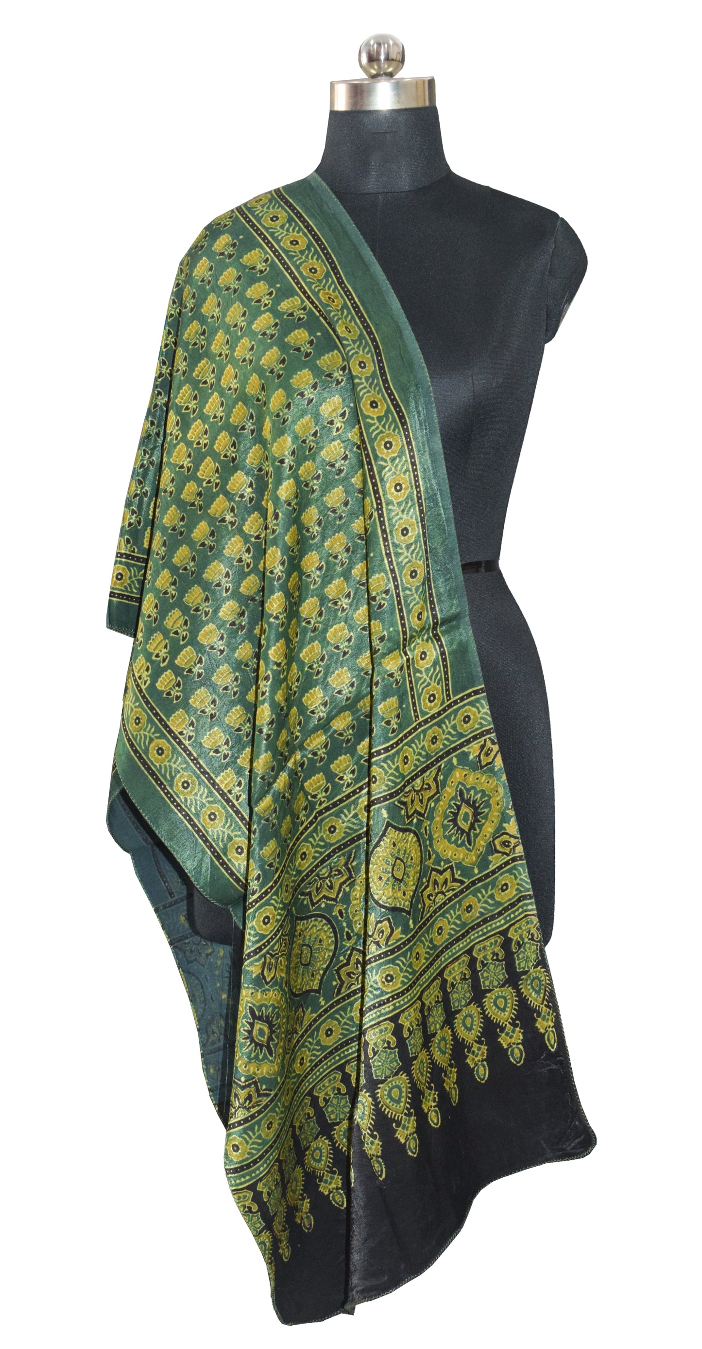 Ajrakh Mashru Silk Natural Dye Hand Block Print Stole   - 2.1 Mtr Length    -  SKU : ID1910AX