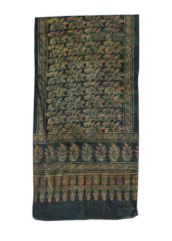 Ajrakh Mashru Silk Natural Dye Hand Block Print Stole  - 2.1 Mtr Length    -  SKU : ID22702C