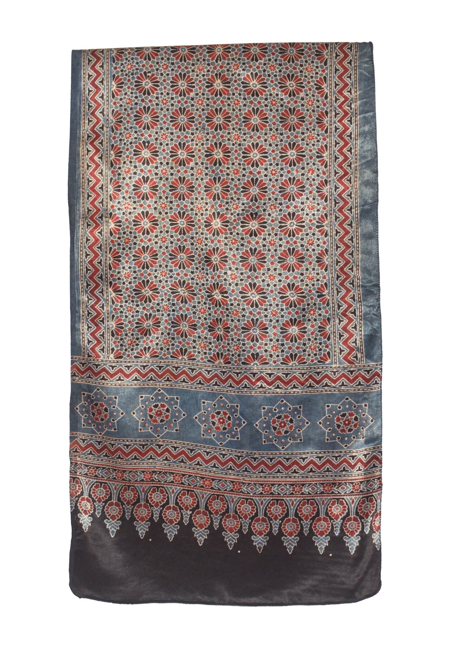 Ajrakh Mashru Silk Natural Dye Hand Block Print Stole   - 2.1 Mtr Length    -  SKU : ID1910AI