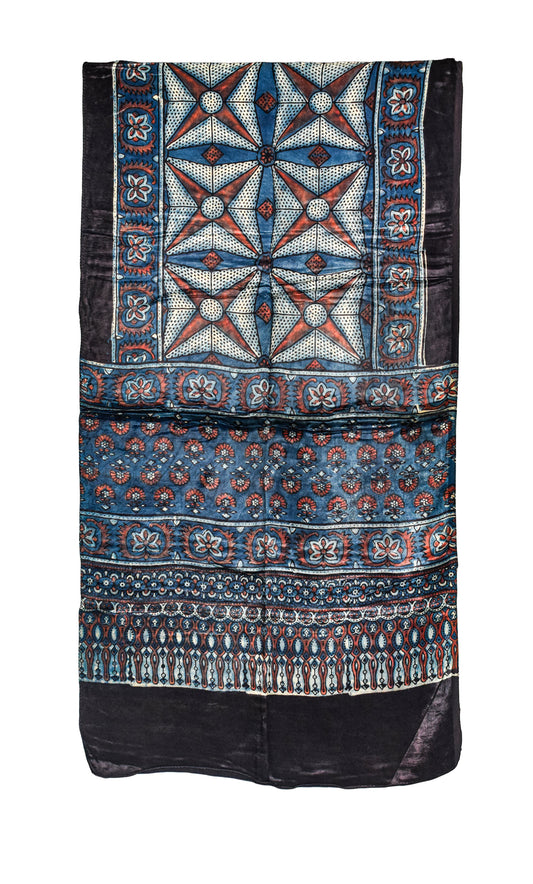Ajrakh Mashru Silk Natural Dye Hand Block Print Stole  - 2 Mtr Length    -  SKU : JH02C02D