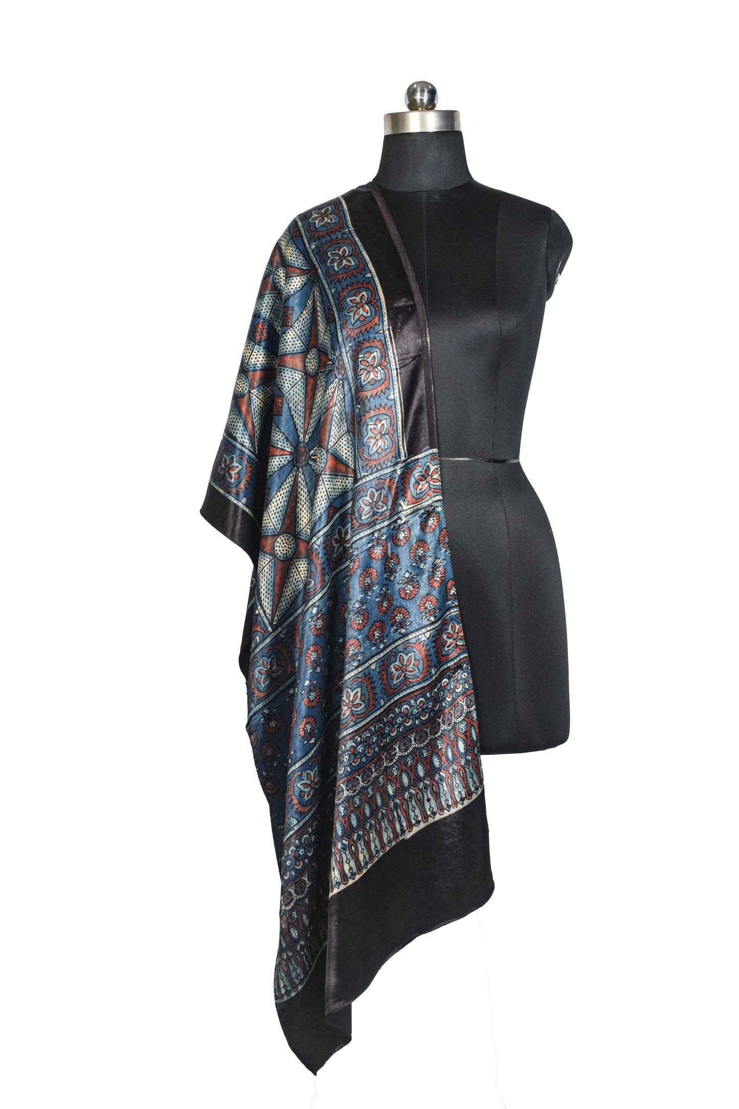 Ajrakh Mashru Silk Natural Dye Hand Block Print Stole  - 2 Mtr Length    -  SKU : JH02C02D