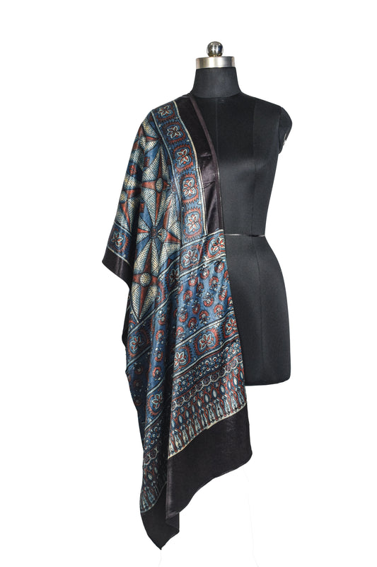 Ajrakh Mashru Silk Natural Dye Hand Block Print Stole  - 2 Mtr Length    -  SKU : JH02C02D
