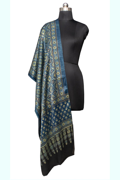 Ajrakh Mashru Silk Natural Dye Hand Block Print Stole  - 2.1 Mtr Length    -  SKU : ID22702M