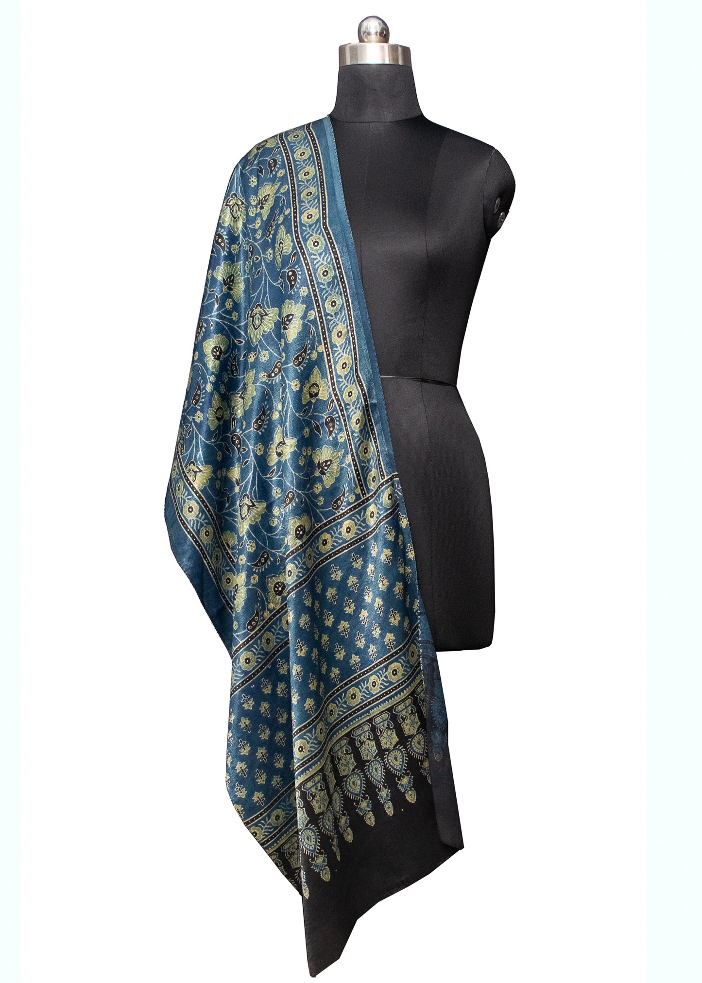 Ajrakh Mashru Silk Natural Dye Hand Block Print Stole  - 2.1 Mtr Length    -  SKU : ID22702N