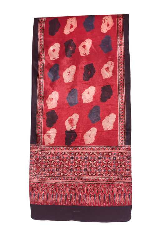 Ajrakh Mashru Silk Natural Dye Hand Block Print Stole   - 2.1 Mtr Length    -  SKU : GT03A01I