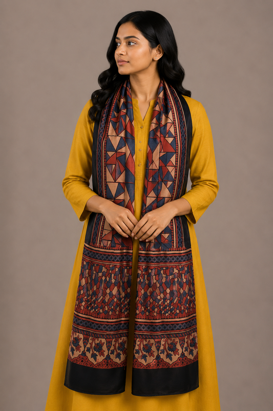Ajrakh Mashru Silk Natural Dye Hand Block Print Stole  - 2 Mtr Length    -  SKU : JH02C02E