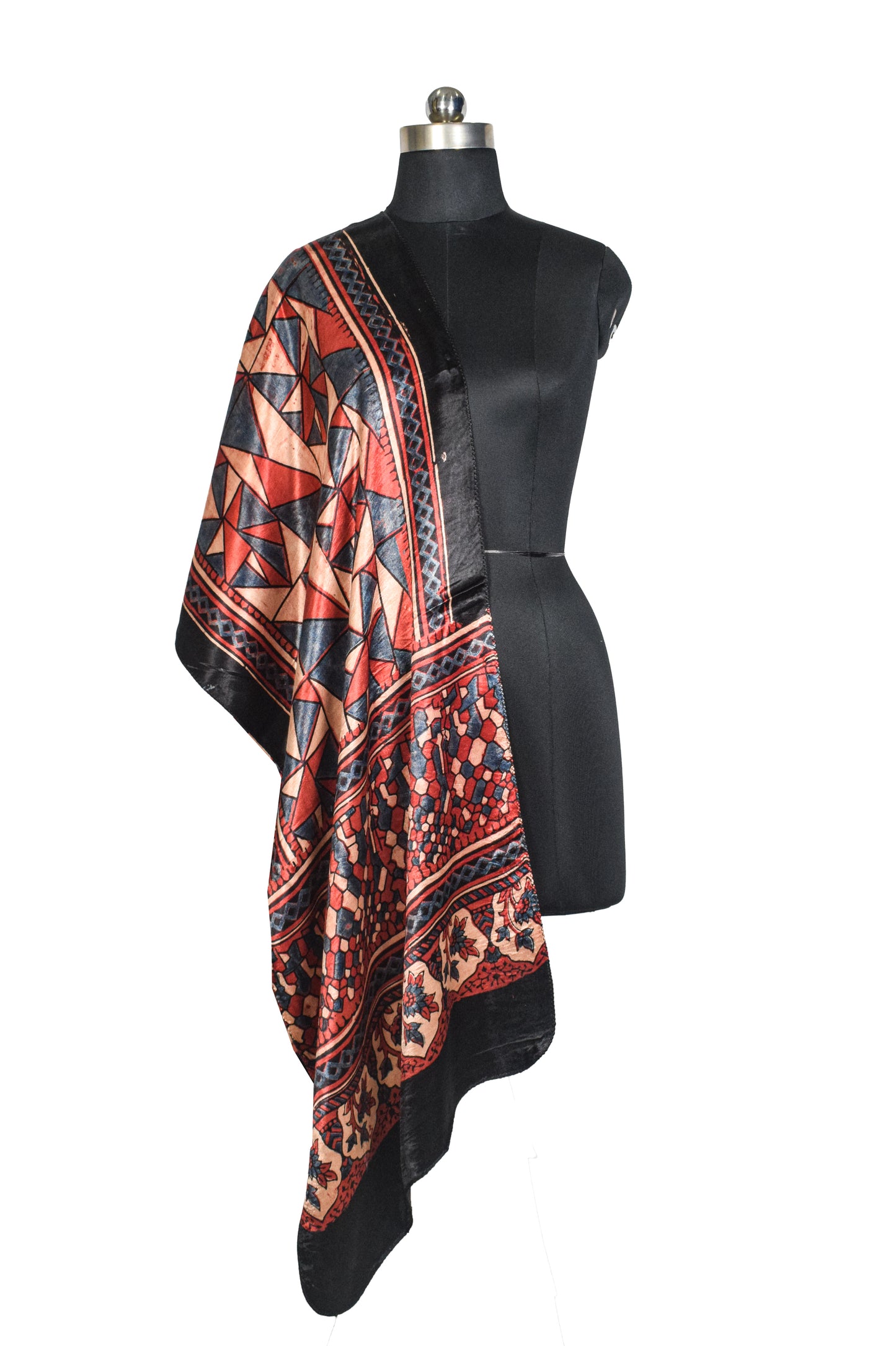 Ajrakh Mashru Silk Natural Dye Hand Block Print Stole  - 2 Mtr Length    -  SKU : JH02C02E