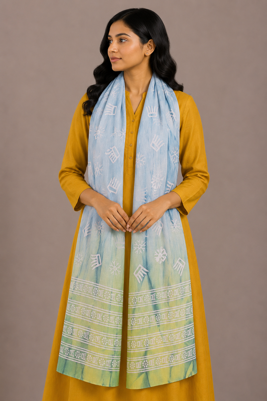 Wax Batik Cotton Natural Dye Hand Block Print Stole   - 2.1 Mtr Length  -  SKU: MA31703D