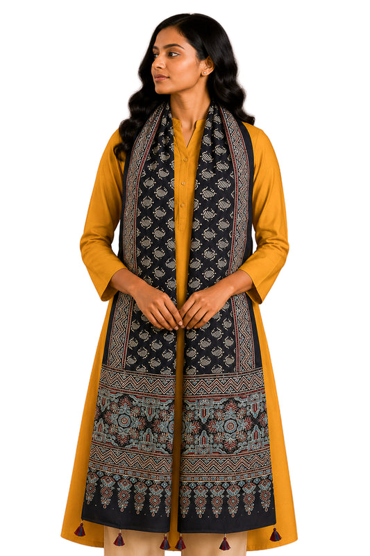 Ajrakh Modal Silk Natural Dye Hand Block Print Stole With Tassels - 2 Mtr Length    -  SKU : AI18702D