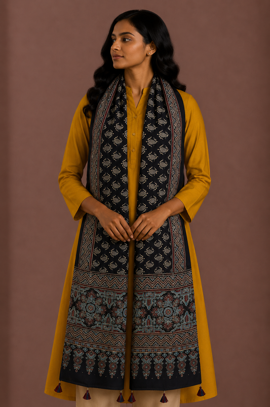 Ajrakh Modal Silk Natural Dye Hand Block Print Stole With Tassels - 2 Mtr Length    -  SKU : AI18702D