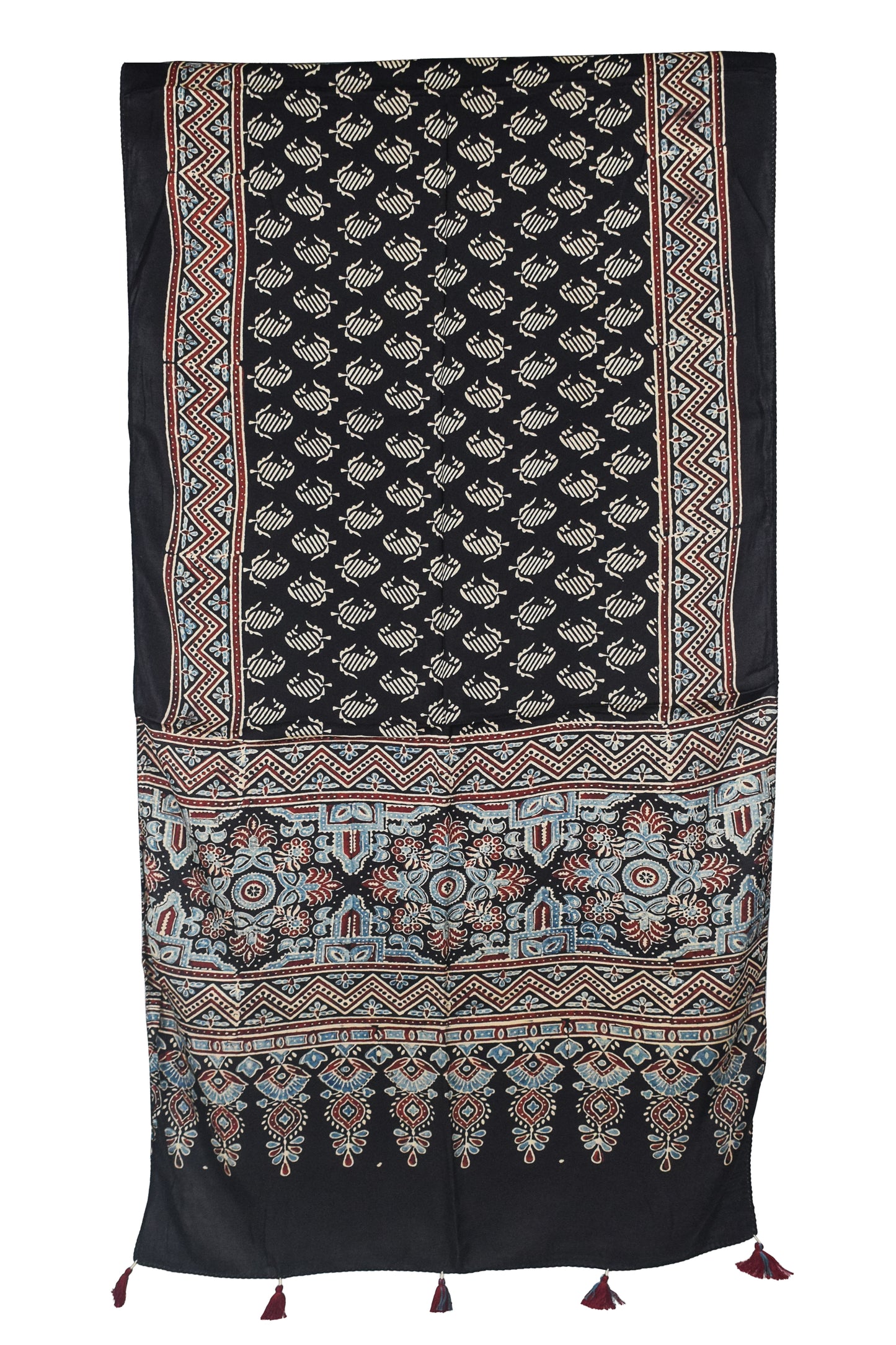Ajrakh Modal Silk Natural Dye Hand Block Print Stole With Tassels - 2 Mtr Length    -  SKU : AI18702D