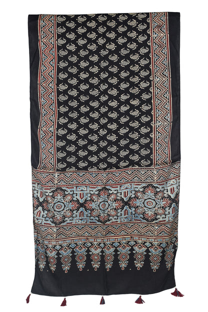 Ajrakh Modal Silk Natural Dye Hand Block Print Stole With Tassels - 2 Mtr Length    -  SKU : AI18702D