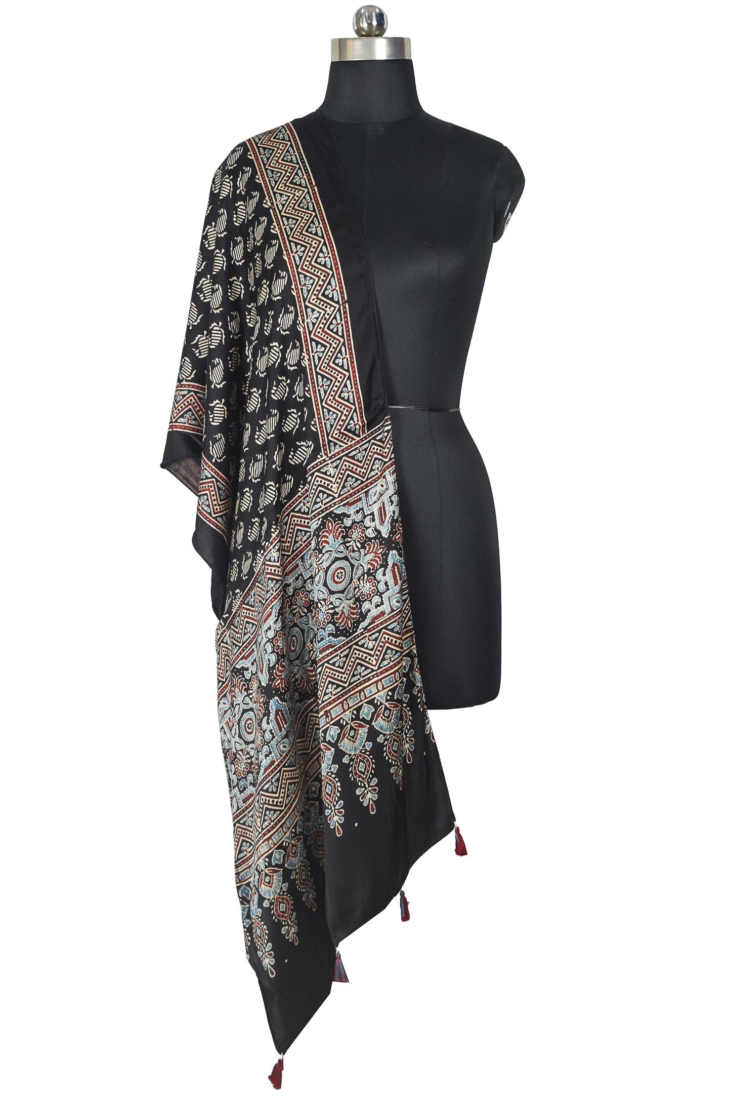 Ajrakh Modal Silk Natural Dye Hand Block Print Stole With Tassels - 2 Mtr Length    -  SKU : AI18702D