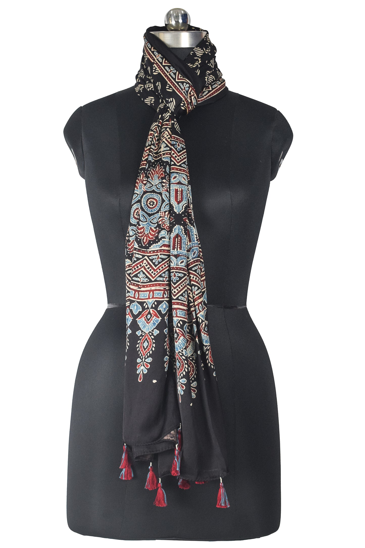 Ajrakh Modal Silk Natural Dye Hand Block Print Stole With Tassels - 2 Mtr Length    -  SKU : AI18702D