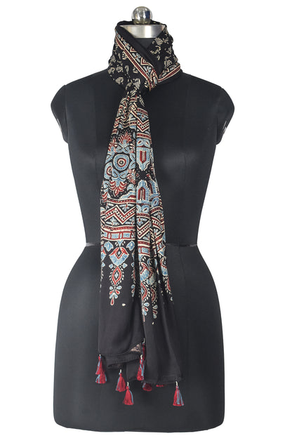 Ajrakh Modal Silk Natural Dye Hand Block Print Stole With Tassels - 2 Mtr Length    -  SKU : AI18702D