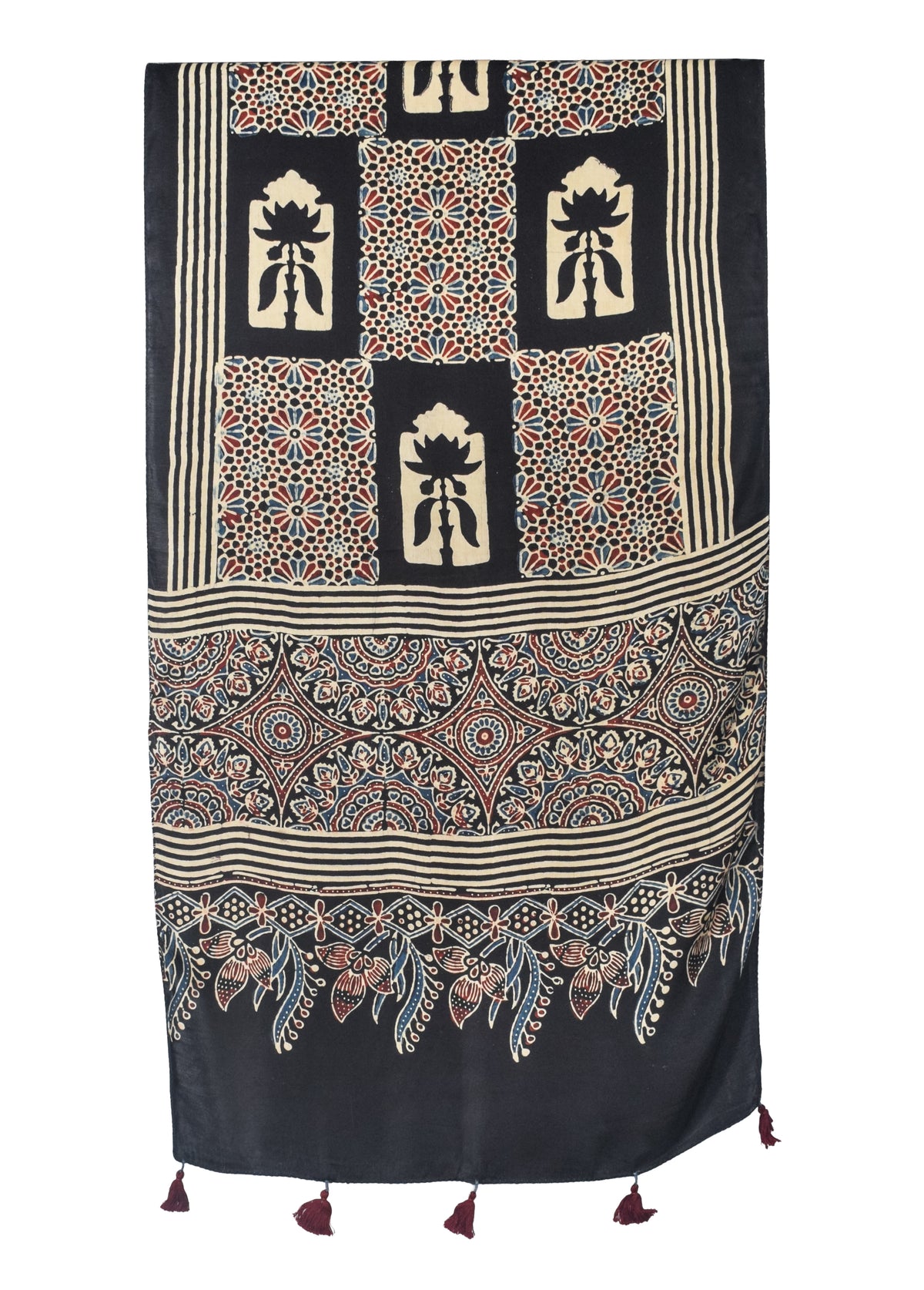 Ajrakh Modal Silk Natural Dye Hand Block Print Stole With Tassels - 2 Mtr Length   -  SKU : EK28901F