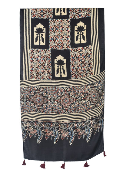 Ajrakh Modal Silk Natural Dye Hand Block Print Stole With Tassels - 2 Mtr Length   -  SKU : EK28901F
