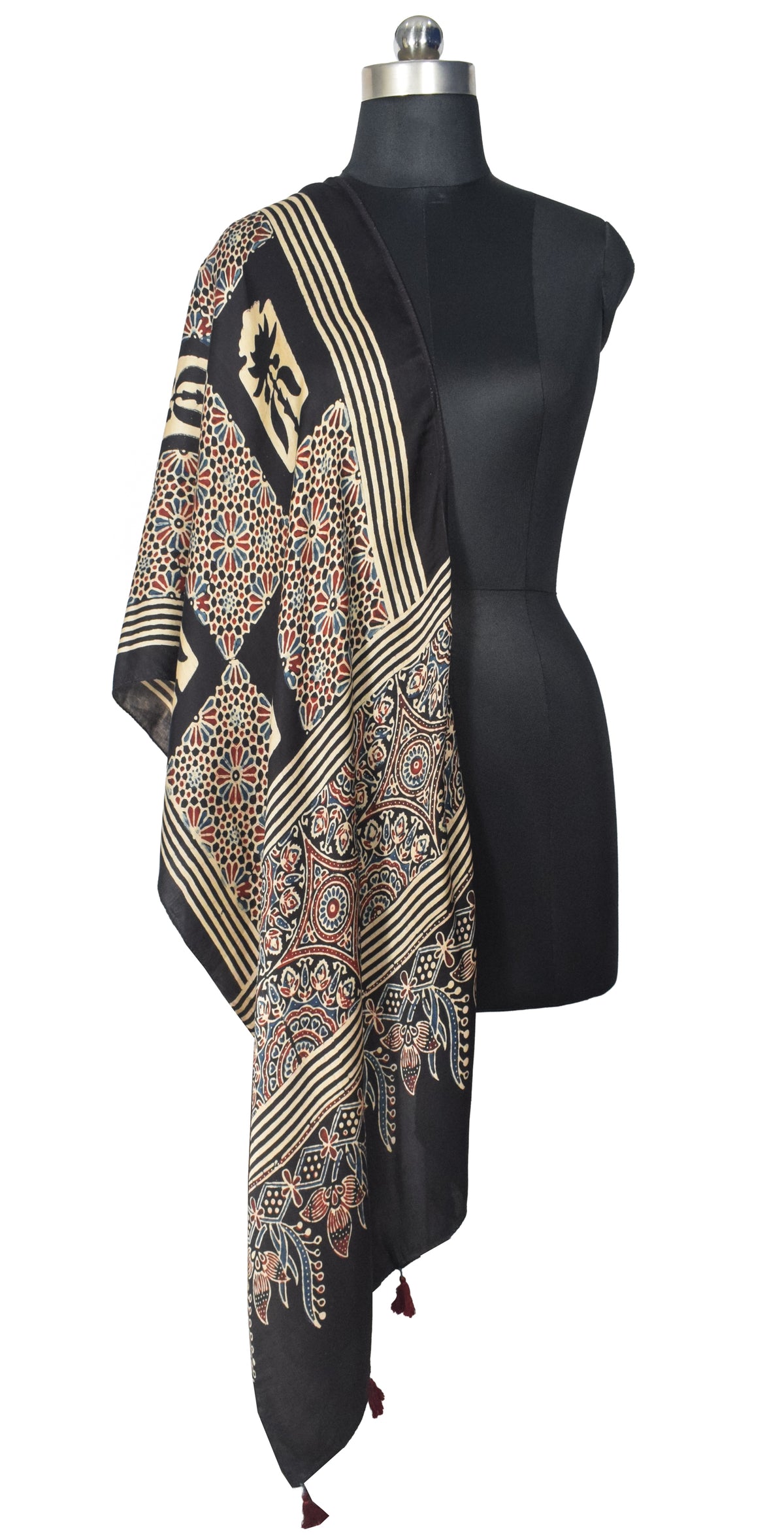 Ajrakh Modal Silk Natural Dye Hand Block Print Stole With Tassels - 2 Mtr Length   -  SKU : EK28901F