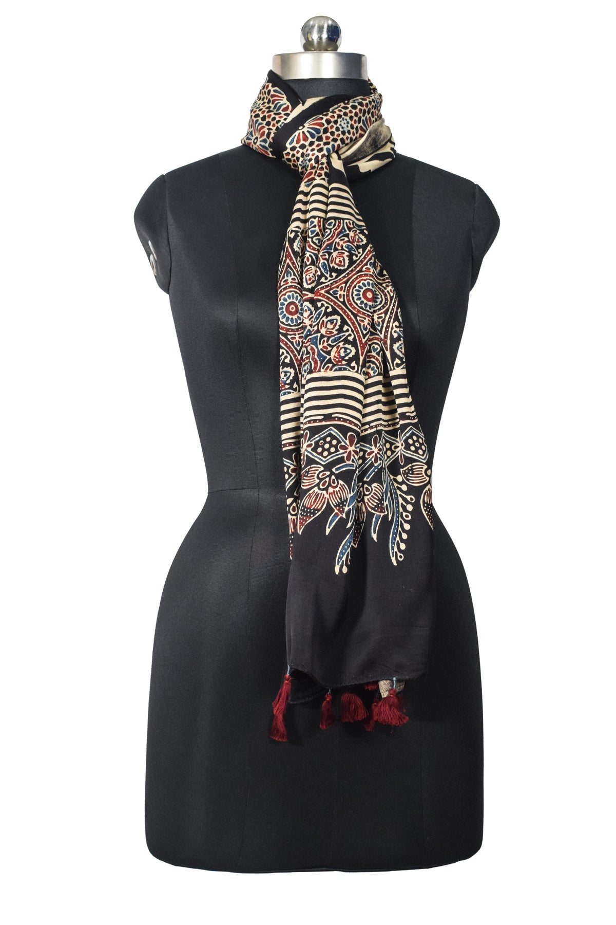 Ajrakh Modal Silk Natural Dye Hand Block Print Stole With Tassels - 2 Mtr Length   -  SKU : EK28901F