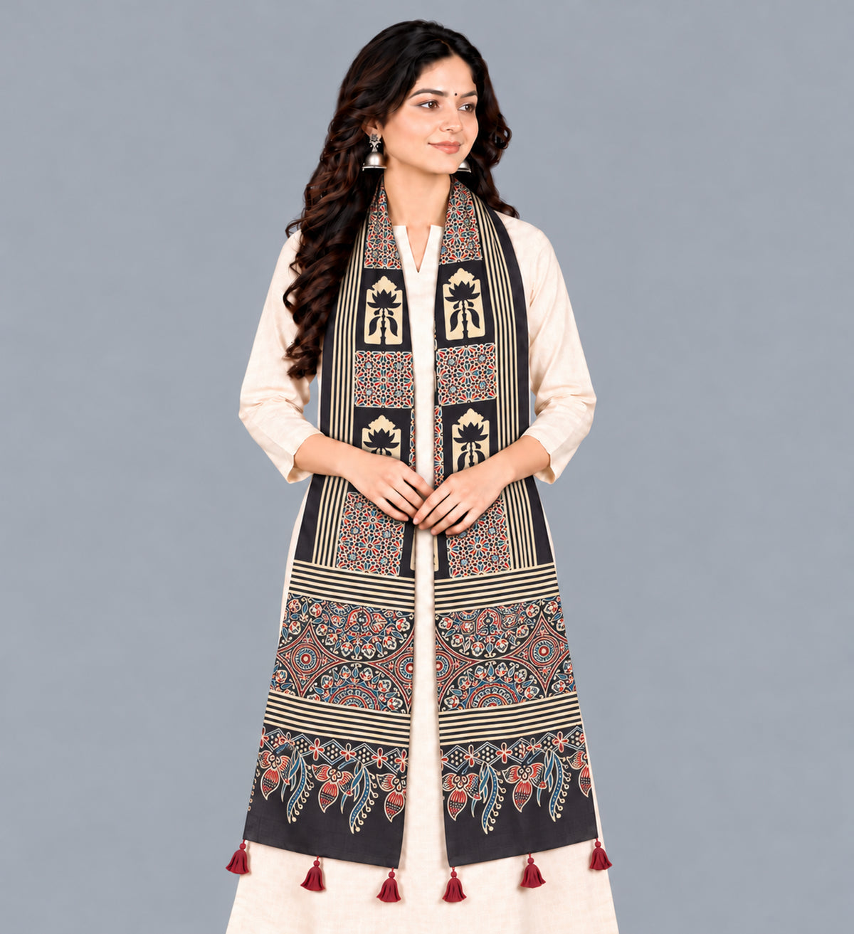 Ajrakh Modal Silk Natural Dye Hand Block Print Stole With Tassels - 2 Mtr Length   -  SKU : EK28901F